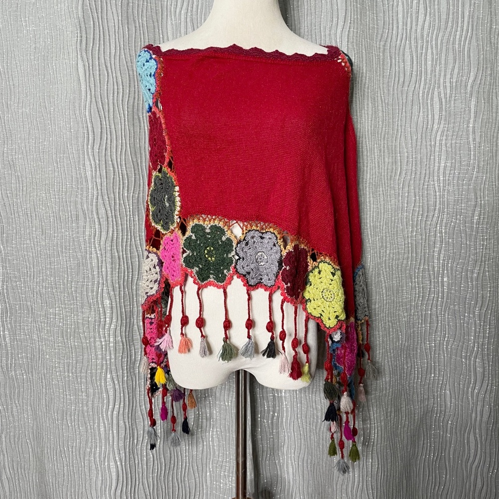 Boho Handmade Crochet Knit Tassel Poncho
